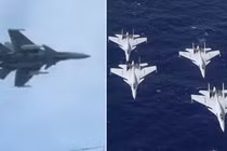 J-15 mang tên lửa hành trình YJ-15 (bên trái) và các tiêm kích J-15 hoạt động từ tàu sân bay Liêu Ninh và Sơn Đông