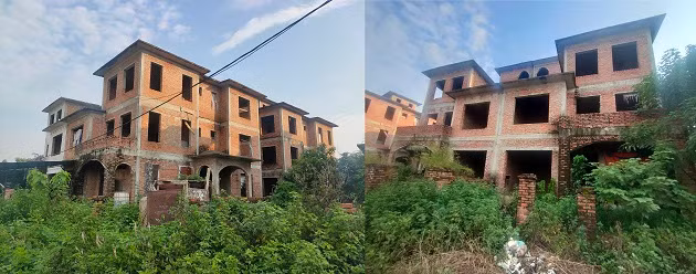 Điểm chung của những căn biệt thự này đều mới chỉ xây xong phần thô rồi bỏ hoang nhiều năm. Phía bên ngoài, tường gạch đã bị xuống cấp theo thời gian, phủ đầy rêu mốc. Khung cảnh tại đây hoang phế, nhếch nhác, xuống cấp, không một bóng người.