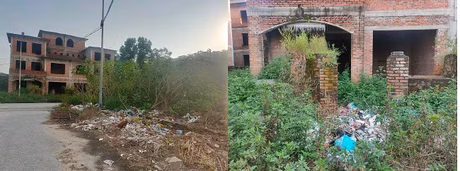 Do bỏ hoang lâu ngày, nhiều khu vực đất trống trước các căn biệt thự trở thành nơi tập kết rác.