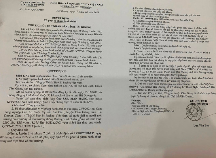 Hải Dương: Cty Packco Việt Nam vừa bị xử phạt, vi phạm môi trường thế nào? Hai Duong: Cty Packco Viet Nam vua bi xu phat, vi pham moi truong the nao?