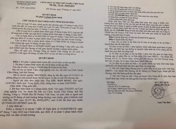 Hai Duong: Cty Packco Viet Nam vua bi xu phat, vi pham moi truong the nao?