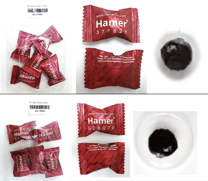 Một số mẫu kẹo ngậm Hamer chứa chất cấm tadalafil - Ảnh: Viện Kiểm nghiệm thuốc TP HCM