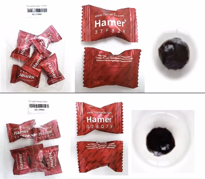 Một số mẫu kẹo ngậm Hamer chứa chất cấm tadalafil - Ảnh: Viện Kiểm nghiệm thuốc TP HCM Một số mẫu kẹo ngậm Hamer chứa chất cấm tadalafil - Ảnh: Viện Kiểm nghiệm thuốc TP HCM