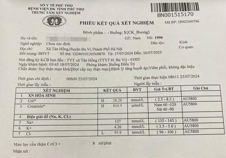 Kết quả xét nghiệm cho thấy người bệnh suy thận -Ảnh BVCC