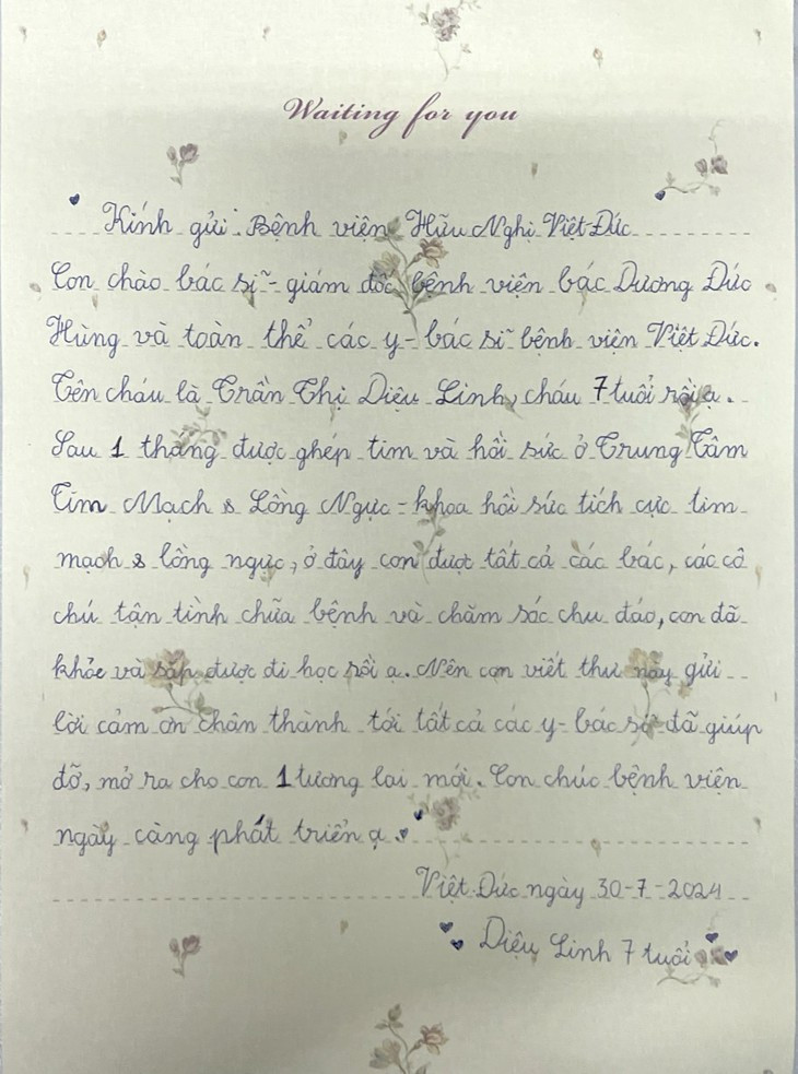 Bé gái 7 tuổi viết thư cảm ơn đội ngũ y bác sĩ. - Ảnh BVCC