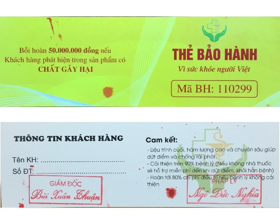 Thông tin ghi trên Thẻ bảo hành của các đối tượng lừa đảo - Ảnh: Công an TP Hà Nội