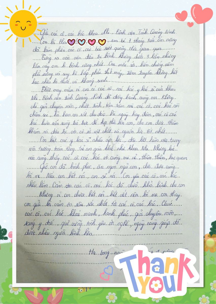 Thư cảm ơn của gia đình bệnh nhi 7 tháng tuổi - Ảnh BVCC