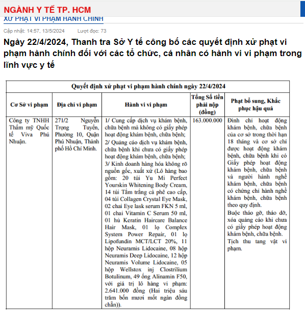 Thông tin xử phạt Công ty TNHH Thẩm mỹ Quốc tế Viva Phú Nhuận - Ảnh: Thanh tra Sở Y tế TP HCM