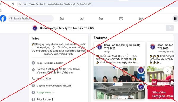 Fanpage mạo danh Bộ Y tế mở khoá đào tạo tâm lý cho trẻ. Ảnh chụp từ màn hình