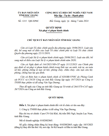 Quyết định xử phạt Công ty thực phẩm và đồ uống Vân Nga Dương của UBND tỉnh Bắc Giang - Ảnh chụp màn hình