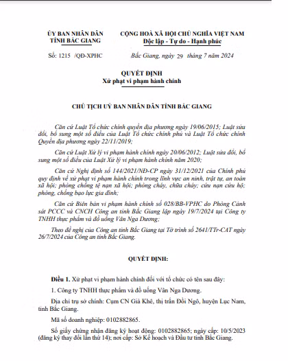 Quyết định xử phạt Công ty thực phẩm và đồ uống Vân Nga Dương của UBND tỉnh Bắc Giang - Ảnh chụp màn hình
