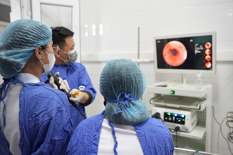 Hình ảnh quá trình các bác sĩ can thiệp nội soi phế quản gắp dị vật hạt hồng xiêm tại Bệnh viện Bãi Cháy - Ảnh BVCC