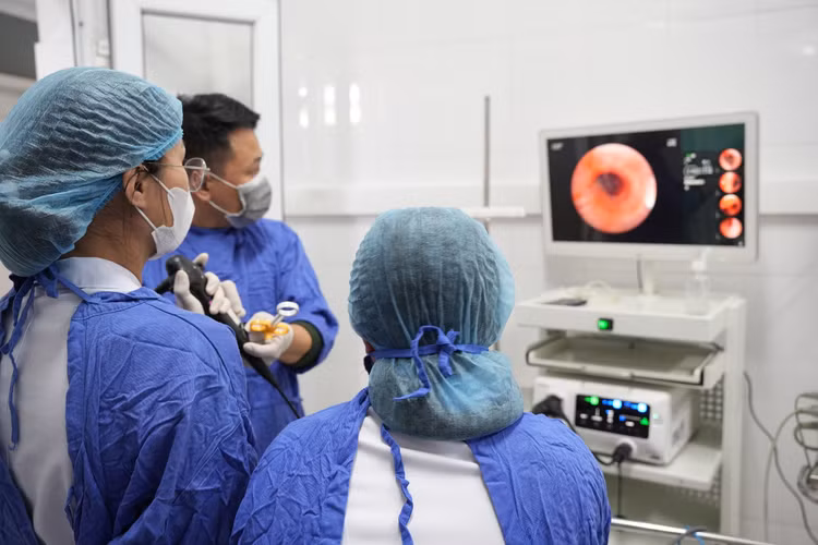 Hình ảnh quá trình các bác sĩ can thiệp nội soi phế quản gắp dị vật hạt hồng xiêm tại Bệnh viện Bãi Cháy - Ảnh BVCC