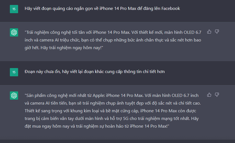 Yêu cầu ChatGPT viết đoạn quảng cáo điện thoại Apple iPhone 14 Pro Max