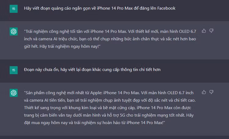 Yêu cầu ChatGPT viết đoạn quảng cáo điện thoại Apple iPhone 14 Pro Max