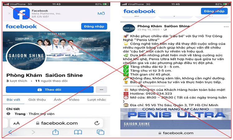 “Phòng khám SaiGon Shine” của Công ty TNHH SAIGON SHINE tiếp tục quảng cáo trái phép sau xử phạt của Thanh tra Sở Y tế - Ảnh: Sở Y tế TP HCM