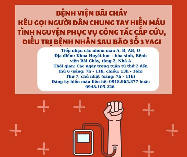 Kho máu cạn kiệt sau bão số 3, Bệnh viện Bãi cháy kêu gọi người dân hiến máu tình nguyện