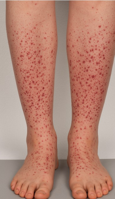 Biểu hiện bệnh là ban xuất huyết dạng chẩm ở hai chi dưới - Ảnh BVCC