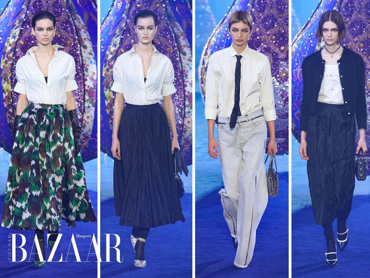 Áo sơ-mi trắng gài nút, áo thun, quần jeans và chân váy nhẹ nhàng