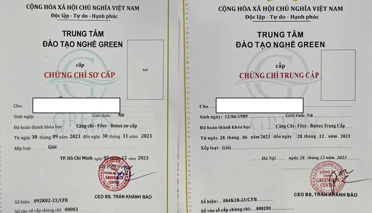 Hình ảnh mẫu Chứng chỉ tham gia khóa học do Công ty TNHH TM DV Green Skin Center và Công ty TNHH Green Skin Center cấp học viên (14/05/2024)