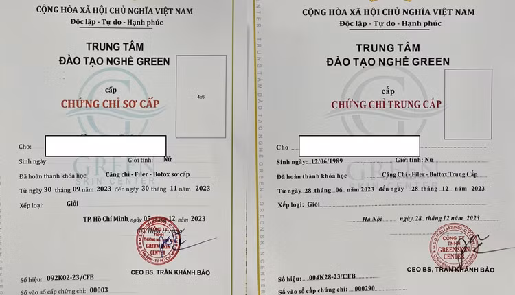 Hình ảnh mẫu Chứng chỉ tham gia khóa học do Công ty TNHH TM DV Green Skin Center và Công ty TNHH Green Skin Center cấp học viên (14/05/2024)