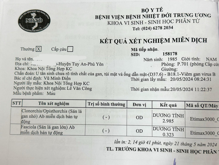 Kết quả xét nghiệm bệnh nhân nhiễm cả sán lá gan lớn và sán lá gan nhỏ - Ảnh BVCC