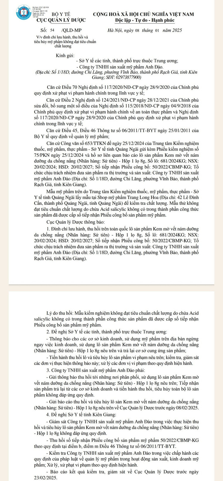 Một phần công văn thu hồi sản phẩm của Cục quản lý dược
