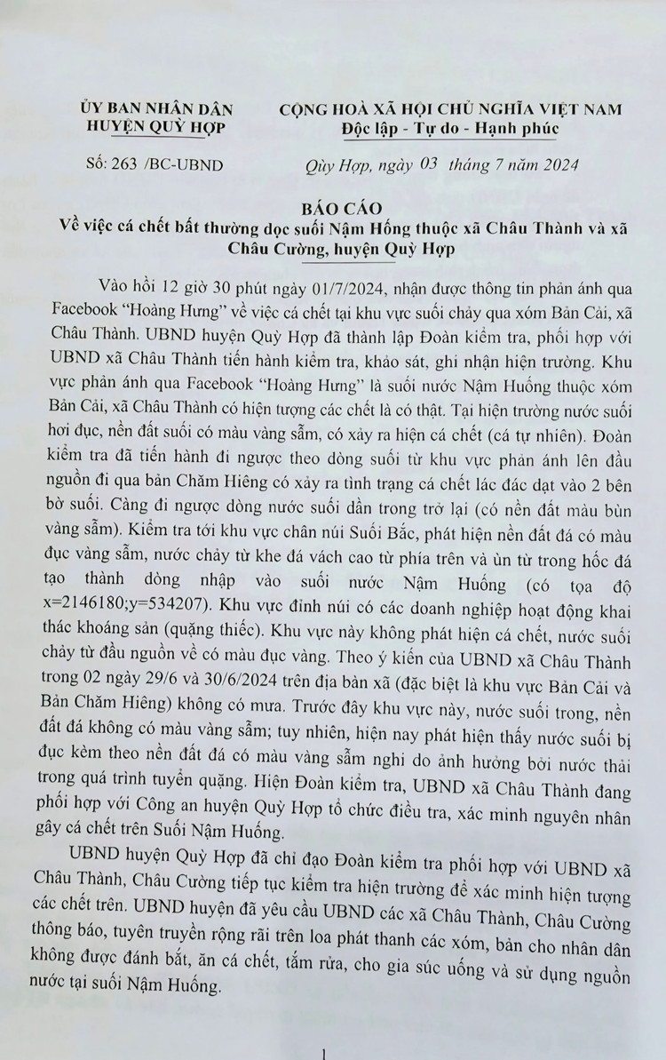 UBND tỉnh Nghệ An yêu cầu các sở, ngành liên quan tìm ra nguyên nhân hiện tượng cá chết để đảm bảo nguồn nước phục vụ sinh hoạt, sản xuất cho nhân dân, tránh tình trạng hoang mang như hiện nay.