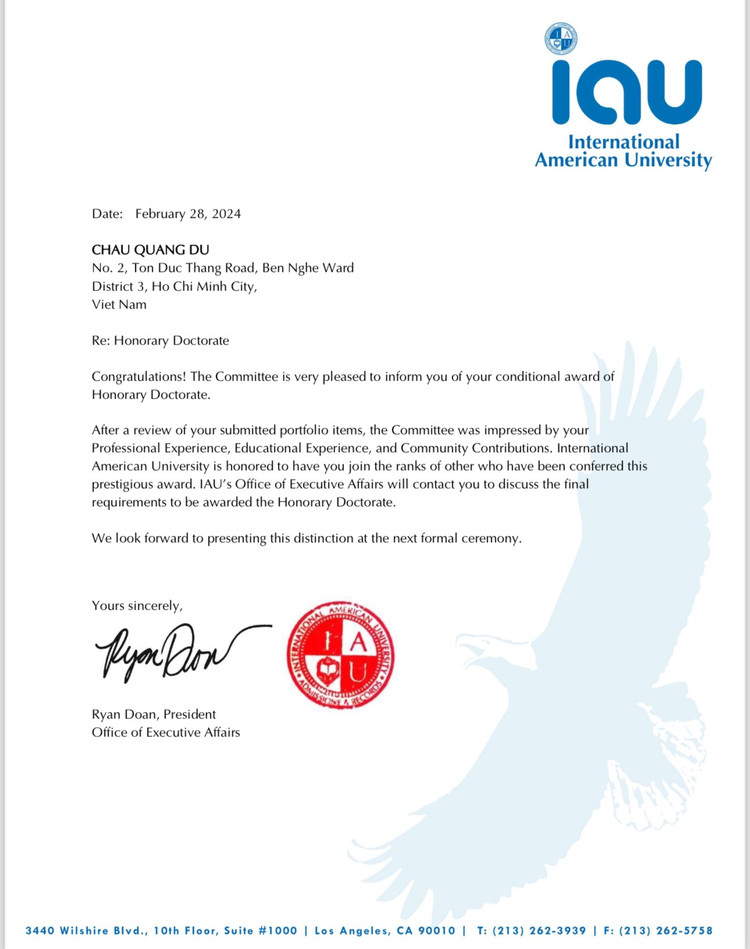 Bằng TS của ông Dư Quang Châu được AIU tấn phong