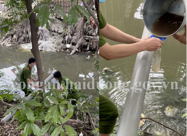 Lực lượng chức năng tiến hành lấy mẫu nước xả thải của Công ty TNHH Thương mại Trung Anh HD - Ảnh: Công an Hải Dương