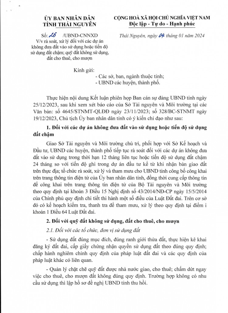 Văn bản chỉ đạo về rà soát, xử lý đối với các dự án không đưa đất vào sử dụng hoặc tiến độ sử dụng đất chậm, quỹ đất không sử dụng, đất cho thuê, cho mượn.