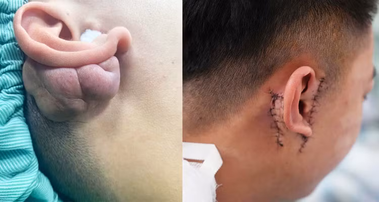 Hình khối u sùi vành tai của bệnh nhân trước và sau phẫu thuật tại Bệnh viện Bãi Cháy - Ảnh BVCC