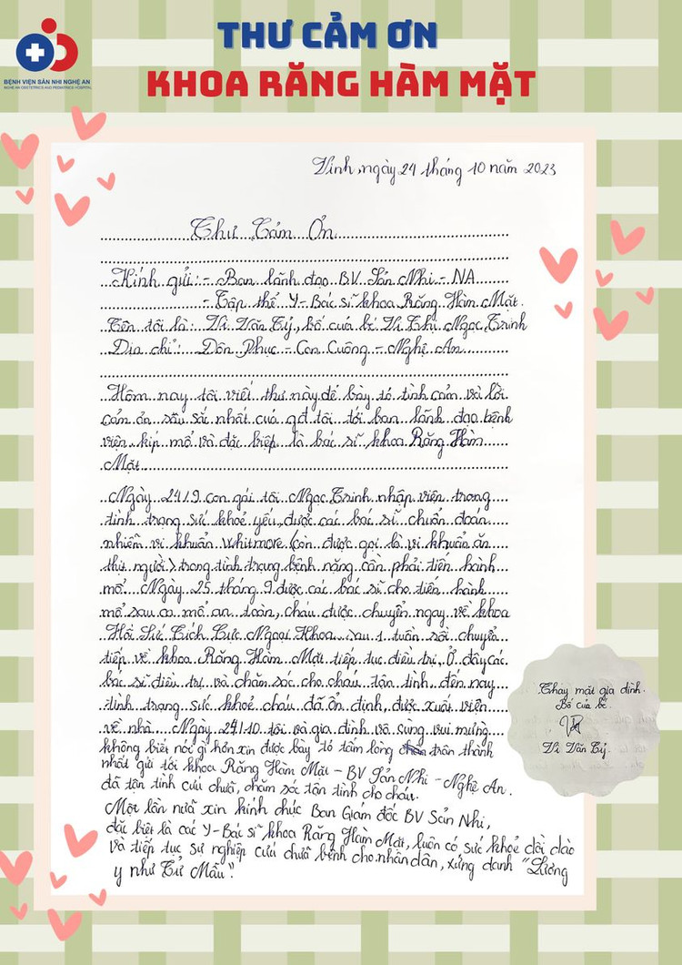 Thư cảm ơn của gia đình bệnh nhân