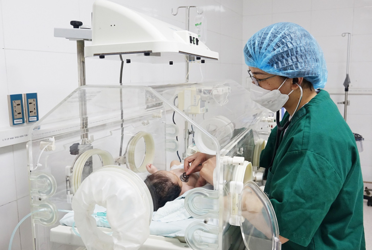 Trẻ bị suy hô hấp, viêm phổi bào thai, sốc nhiễm khuẩn nguy kịch ngay sau sinh đã được các bác sĩ Khoa Nhi, Bệnh viện Bãi Cháy cấp cứu, điều trị thành công - Ảnh: BVCC