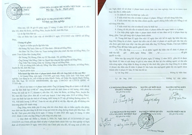 Biên bản xác lập vi phạm đổ đất, đá thải vào rừng tự nhiên tại xã Đồng Phúc, huyện Ba Bể, tỉnh Bắc Kạn.