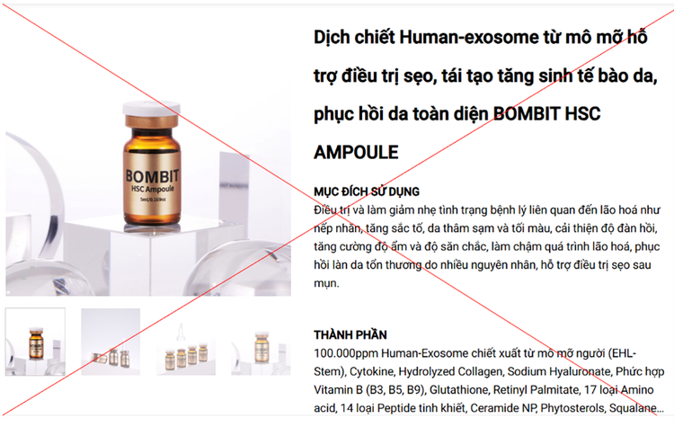 Quảng cáo BOMBIT HSC là “…Human-Exosome chiết suất từ mô mỡ người…” - Ảnh: Sở Y tế TP HCM Quảng cáo BOMBIT HSC là “…Human-Exosome chiết suất từ mô mỡ người…” - Ảnh: Sở Y tế TP HCM