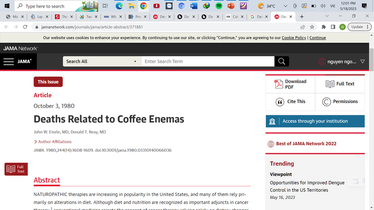 Bài báo về các trường hợp tử vong do thụt cà phê tại Mỹ