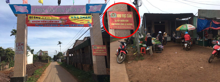 Chợ tự phát tại cổng Thôn 13 ngang nhiên buôn bán nhộn nhịp mặc dù có biển cấm...