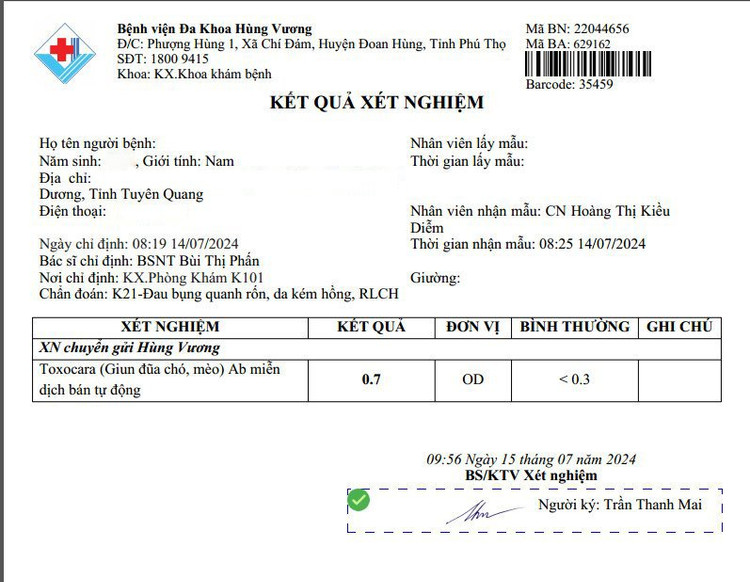 Kết quả xét nghiệm bệnh nhân bị nhiễm giun đũa chó mèo - Ảnh BVCC