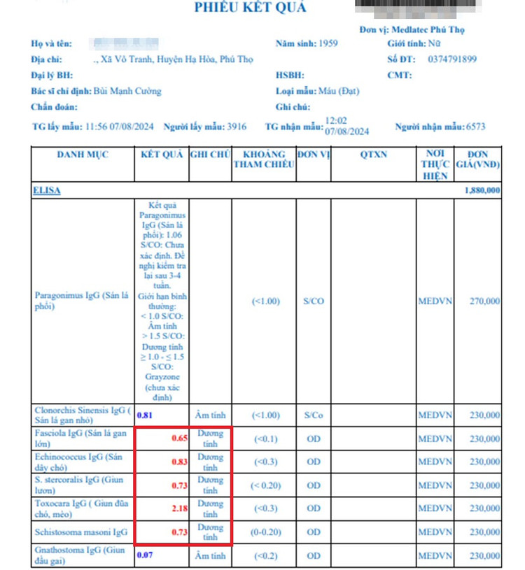 Kết quả xét nghiệm của người bệnh trước khi điều trị cho thấy nhiễm đến 5 loại giun sán