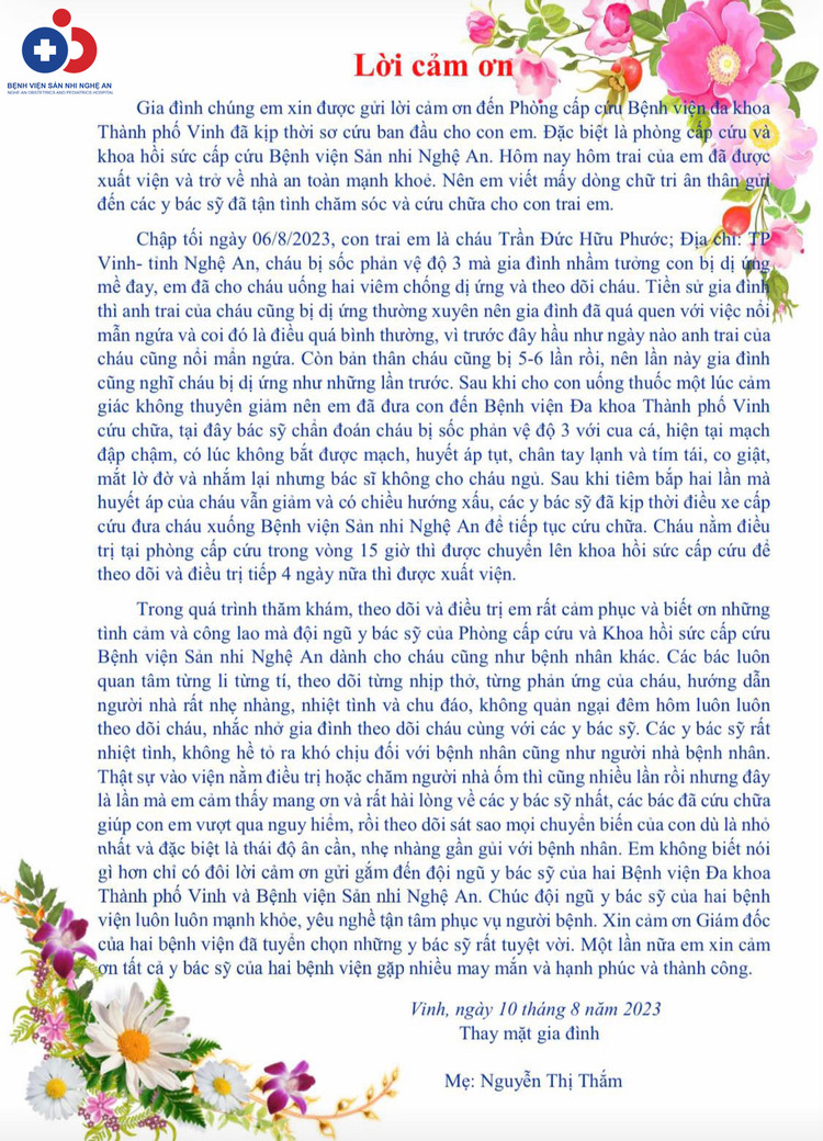 Bức thư cảm ơn của gia đình bệnh nhân