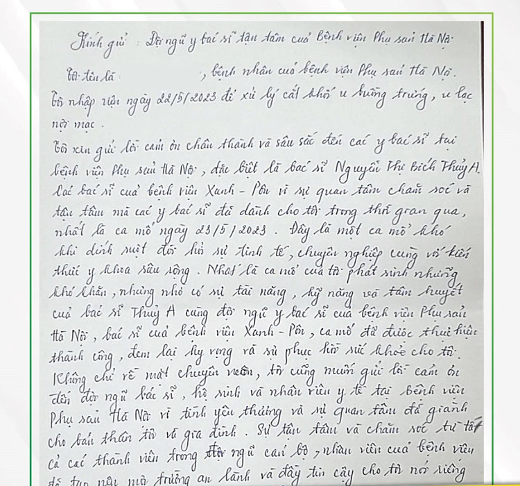 Thư cảm ơn của bệnh nhân tới các bác sĩ và bệnh viện