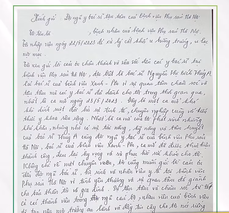 Thư cảm ơn của bệnh nhân tới các bác sĩ và bệnh viện