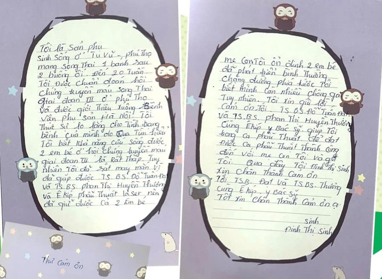 Thư cảm ơn của sản phụ với bệnh viện - Ảnh: BVCC