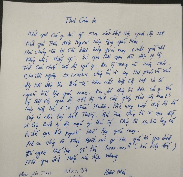 Thư cảm ơn của người bệnh ghép giác mạc gửi tới nhân viên y tế Bệnh viện Trung ương Quân đội 108