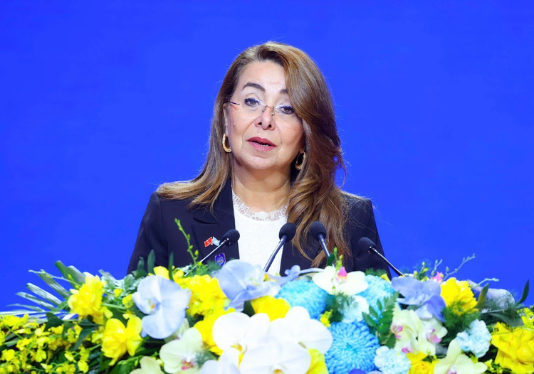 Bà Ghada Waly - Phó Tổng Thư ký Liên Hợp Quốc, Giám đốc điều hành Cơ quan Phòng, chống ma túy và tội phạm LHQ (UNODC) kiêm Giám đốc Văn phòng LHQ tại Vienna (UNOV), phát biểu tại sự kiện. Ảnh: Như Ý