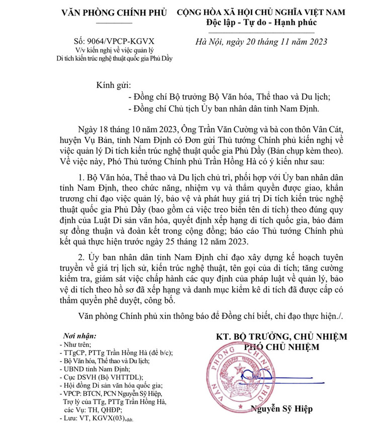 Văn bản truyền đạt ý kiến của Phó Thủ tướng Trần Hồng Hà chỉ đạo Bộ Văn hoá Thể thao và Du lịch chủ trì, phối hợp với UBND tỉnh Nam Định.