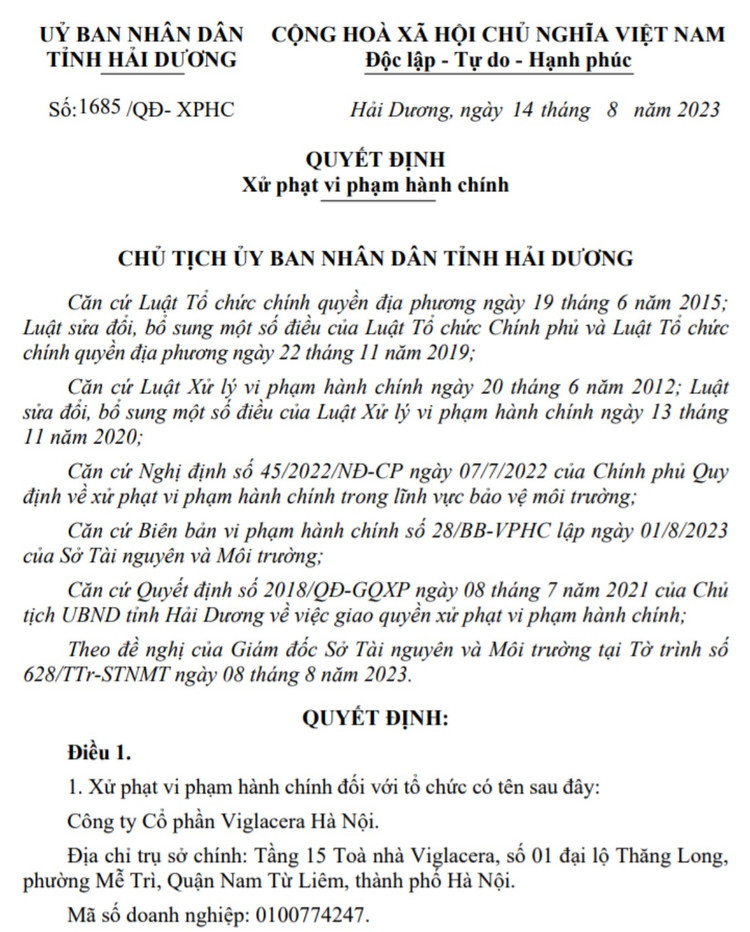 Quyết định xử phạt của UBND tỉnh Hải Dương.