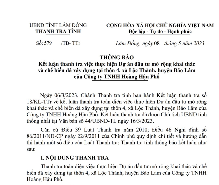 Kết luận thanh tra việc thực hiện dự án đầu tư mở rộng khai thác và chế biến đá xây dựng của Cty TNHH Hoàng Hậu Phố.