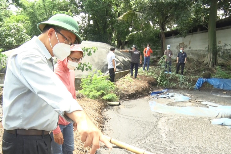 Đoàn kiểm tra môi trường về chăn nuôi của UBND huyện kiểm tra hệ thống xử lý nước thải của một trang trại chă nuôi tại xã Lộ 25.